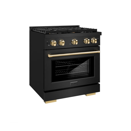 ZLINE Autograph Edition 30 in. 4.2 cu. ft. Paramount Gas Range with 4 Burner Cooktop and Convection Gas Oven in Black Stainless Steel with Gold Accents (SGRBZ-30-G)