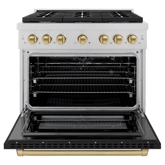 ZLINE Autograph Edition 36 in. Paramount Dual Fuel Range with 6 Gas Burners, 5.2 cu. ft. Electric Convection Oven, Satin Stainless Steel with Black Matte Door and Champagne Bronze Accents (SDRSZ-BLM-36-CB)