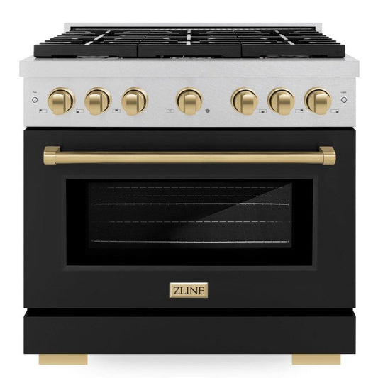 ZLINE Autograph Edition 36 in. Paramount Dual Fuel Range with 6 Gas Burners, 5.2 cu. ft. Electric Convection Oven, Satin Stainless Steel with Black Matte Door and Champagne Bronze Accents (SDRSZ-BLM-36-CB)