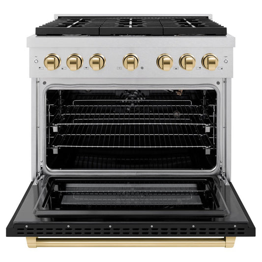 ZLINE Autograph Edition 36 in. Paramount Dual Fuel Range, 5.2 cu. ft., 6 Burner Gas Cooktop with Electric Convection Oven, Satin Stainless Steel with Black Matte Door and Polished Gold Accents (SDRSZ-BLM-36-G)