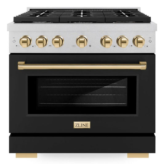 ZLINE Autograph Edition 36 in. Paramount Dual Fuel Range, 5.2 cu. ft., 6 Burner Gas Cooktop with Electric Convection Oven, Satin Stainless Steel with Black Matte Door and Polished Gold Accents (SDRSZ-BLM-36-G)