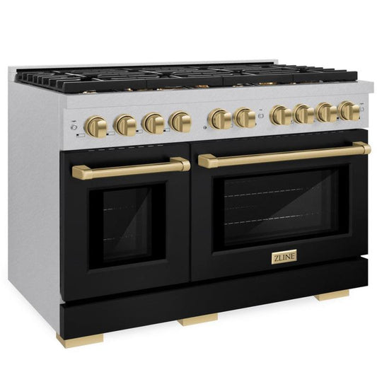 ZLINE Autograph Edition 48 in. 6.7 cu. ft. Paramount Double Oven Dual Fuel Range with 8 Gas Burners in Satin Stainless Steel with Black Matte Doors and Champagne Bronze Accents (SDRSZ-BLM-48-CB)