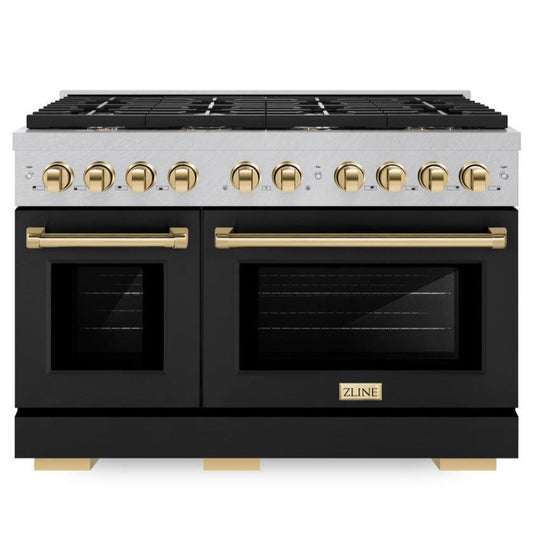 ZLINE Autograph Edition 48 in. Paramount Double Oven Dual Fuel Range, 6.7 cu. ft., 8 Burner Gas Cooktop, Satin Stainless Steel with Black Matte Doors and Polished Gold Accents (SDRSZ-BLM-48-G)