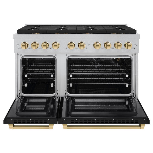 ZLINE Autograph Edition 48 in. Paramount Double Oven Dual Fuel Range, 6.7 cu. ft., 8 Burner Gas Cooktop, Satin Stainless Steel with Black Matte Doors and Polished Gold Accents (SDRSZ-BLM-48-G)