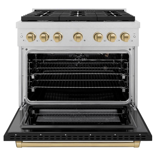 ZLINE Autograph Edition 48 in. 6.7 cu. ft. Paramount Double Oven Gas Range with 8 Burners, Satin Stainless Steel, Black Matte Doors, Champagne Bronze Accents (SGRSZ-BLM-48-CB)