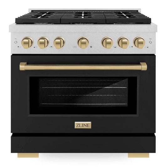 ZLINE Autograph Edition 36 in. 5.2 cu. ft. Gas Range with 6 Burners and Convection Oven in Satin Stainless Steel with Black Matte Door and Champagne Bronze Accents (SGRSZ-BLM-36-CB)
