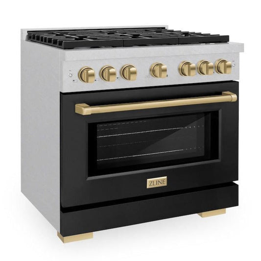 ZLINE Autograph Edition 36 in. 5.2 cu. ft. Gas Range with 6 Burners and Convection Oven in Satin Stainless Steel with Black Matte Door and Champagne Bronze Accents (SGRSZ-BLM-36-CB)