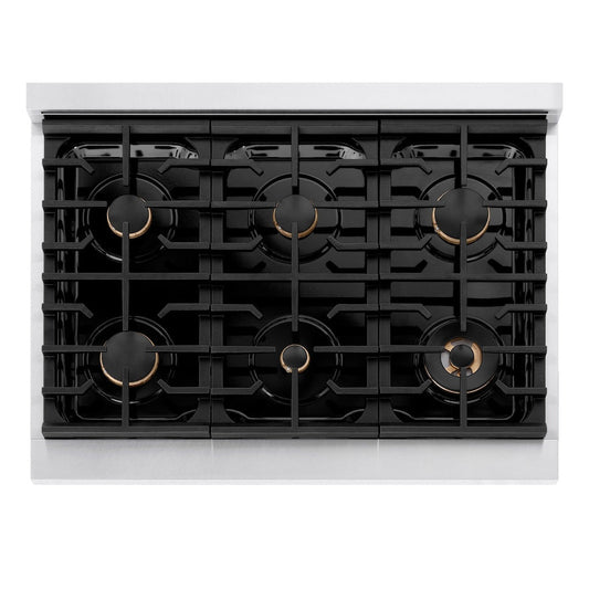 ZLINE Autograph Edition 36 in. 5.2 cu. ft. Paramount Gas Range with 6 Burners, Convection Gas Oven, Satin Stainless Steel with Black Matte Door and Polished Gold Accents (SGRSZ-BLM-36-G)