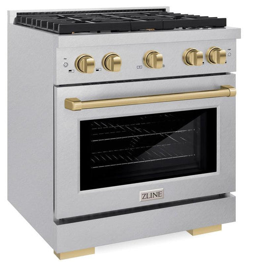 ZLINE Autograph Edition 30 in. Paramount Dual Fuel Range 4.2 cu. ft., 4 Gas Burners, Electric Convection Oven, Satin Stainless Steel with Champagne Bronze Accents, SDRSZ-30-CB