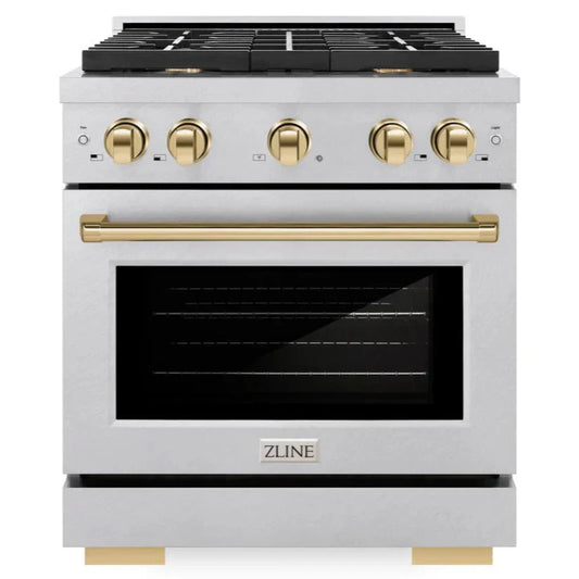 ZLINE Autograph 30 in. Paramount Dual Fuel Range with 4 Burner Gas Cooktop and Electric Convection Oven in Satin Stainless Steel with Polished Gold Accents, 4.2 cu. ft., SDRSZ-30-G