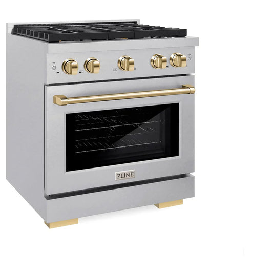 ZLINE Autograph 30 in. Paramount Dual Fuel Range with 4 Burner Gas Cooktop and Electric Convection Oven in Satin Stainless Steel with Polished Gold Accents, 4.2 cu. ft., SDRSZ-30-G