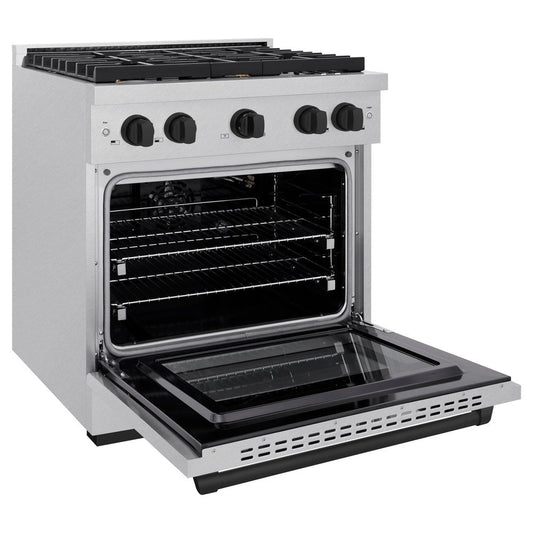 ZLINE Autograph Edition 30 in. Paramount Dual Fuel Range, 4.2 cu. ft. Electric Convection Oven, 4 Gas Burners, Satin Stainless Steel with Matte Black Accents (SDRSZ-30-MB)