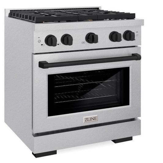 ZLINE Autograph Edition 30 in. Paramount Dual Fuel Range, 4.2 cu. ft. Electric Convection Oven, 4 Gas Burners, Satin Stainless Steel with Matte Black Accents (SDRSZ-30-MB)