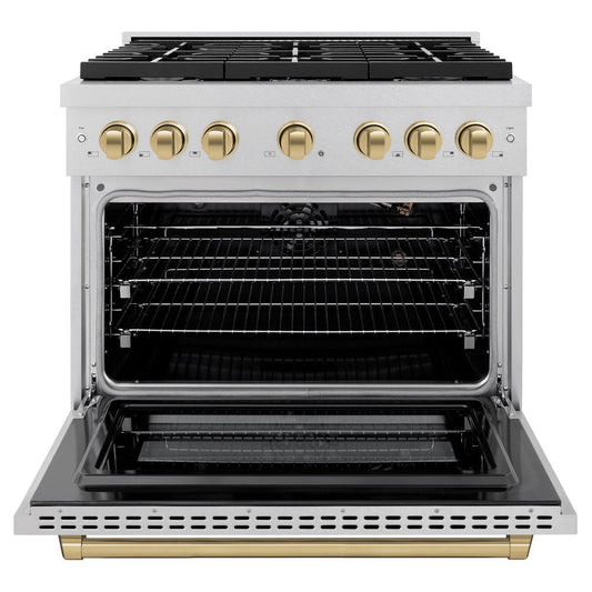 ZLINE Autograph Edition 36 in. Paramount Dual Fuel Range, 5.2 cu. ft., 6 Burner Gas Cooktop with Electric Convection Oven, Satin Stainless Steel with Champagne Bronze Accents (SDRSZ-36-CB)