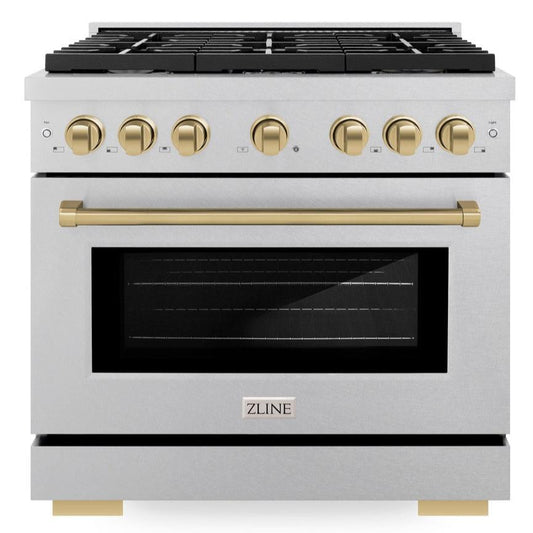 ZLINE Autograph Edition 36 in. Paramount Dual Fuel Range, 5.2 cu. ft., 6 Burner Gas Cooktop with Electric Convection Oven, Satin Stainless Steel with Champagne Bronze Accents (SDRSZ-36-CB)