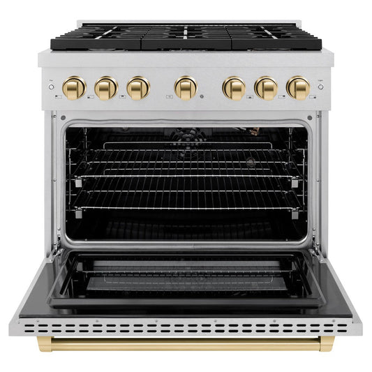 ZLINE Autograph Edition 36 in. Paramount Dual Fuel Range, 5.2 cu. ft. Electric Convection Oven, 6-Burner Gas Cooktop, Satin Stainless Steel with Polished Gold Accents (SDRSZ-36-G)