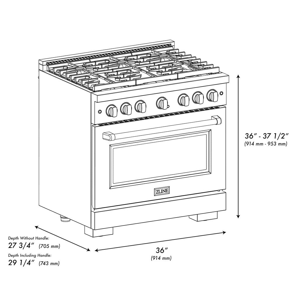 ZLINE Autograph Edition 36 in. Paramount Dual Fuel Range, 5.2 cu. ft. Electric Convection Oven, 6 Burner Gas Cooktop, Satin Stainless Steel with Matte Black Accents (SDRSZ-36-MB)