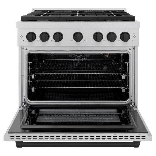 ZLINE Autograph Edition 36 in. Paramount Dual Fuel Range, 5.2 cu. ft. Electric Convection Oven, 6 Burner Gas Cooktop, Satin Stainless Steel with Matte Black Accents (SDRSZ-36-MB)