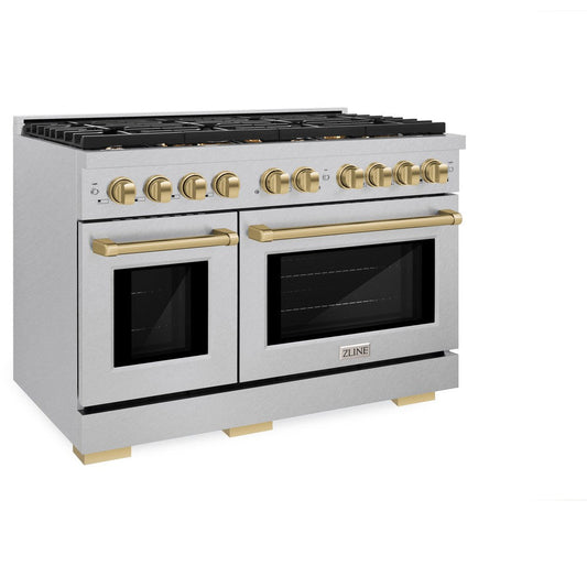 ZLINE Autograph Edition 48 in. Paramount Double Oven Dual Fuel Range, 6.7 cu. ft., 8 Gas Burners, Electric Convection Oven, Satin Stainless Steel with Champagne Bronze Accents (SDRSZ-48-CB)