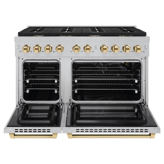 ZLINE Autograph 48 in. Paramount Double Oven Dual Fuel Range, 6.7 cu. ft., 8 Burner Gas Cooktop, Electric Convection Ovens, Satin Stainless Steel with Polished Gold Accents (SDRSZ-48-G)