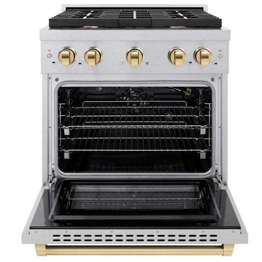 ZLINE Autograph Edition 30 in. 4.2 cu. ft. Paramount Gas Range with 4 Burners and Convection Gas Oven in Satin Stainless Steel with Polished Gold Accents (SGRSZ-30-G)