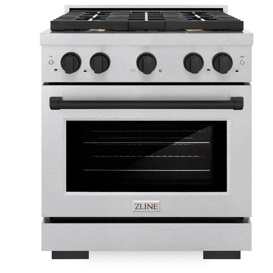 ZLINE Autograph Edition 30 in. 4.2 cu. ft. Paramount Gas Range with 4 Burners and Convection Gas Oven in Satin Stainless Steel with Matte Black Accents (SGRSZ-30-MB)