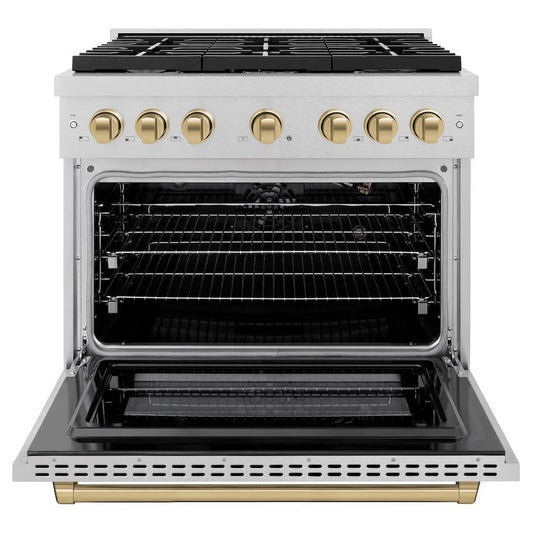 ZLINE Autograph Edition 36 in. 5.2 cu. ft. Paramount Gas Range with 6 Burners, Convection Gas Oven, Satin Stainless Steel with Champagne Bronze Accents (SGRSZ-36-CB)