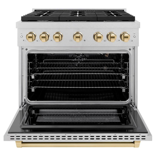 ZLINE Autograph Edition 36 in. 5.2 cu. ft. Paramount Gas Range with 6 Burners and Convection Oven in Satin Stainless Steel with Polished Gold Accents (SGRSZ-36-G)