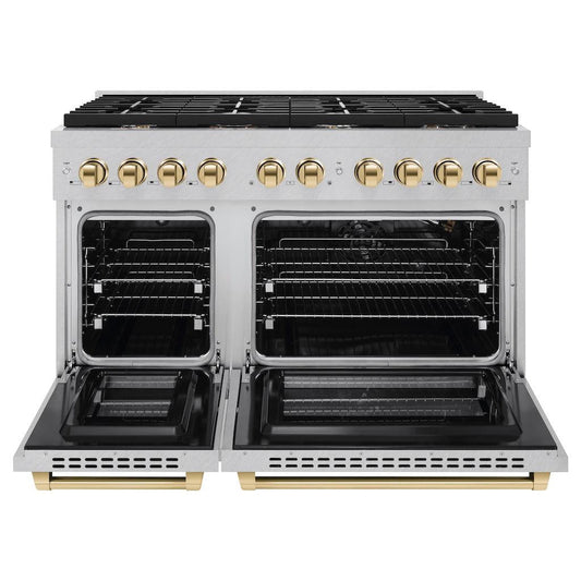ZLINE Autograph Edition 48 in. 6.7 cu. ft. Paramount Double Oven Gas Range with 8 Burners in Satin Stainless Steel with Polished Gold Accents (SGRSZ-48-G)