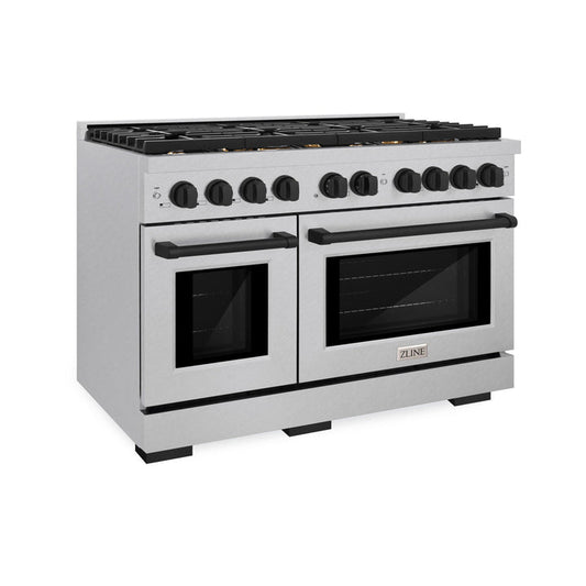 ZLINE Autograph Edition 48 in. Paramount Double Oven Gas Range with 8 Burner Cooktop in Satin Stainless Steel with Matte Black Accents, 6.7 cu. ft., SGRSZ-48-MB