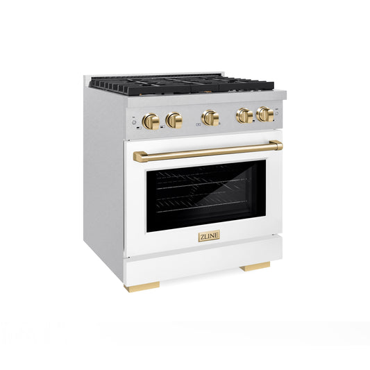 ZLINE Autograph Edition 30 in. 4.2 cu. ft. Paramount Dual Fuel Range with 4 Gas Burners and Electric Convection Oven in Satin Stainless Steel with White Matte Door and Polished Gold Accents (SDRSZ-WM-30-G)