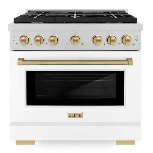 ZLINE Autograph Edition 36 in. Paramount Dual Fuel Range, 5.2 cu. ft. Electric Convection Oven, 6 Burner Gas Cooktop, Satin Stainless Steel with White Matte Door & Champagne Bronze Accents (SDRSZ-WM-36-CB)