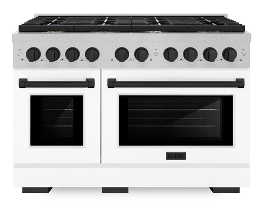 ZLINE Autograph Edition 48 in. Paramount Double Oven Dual Fuel Range with 8 Gas Burners, 6.7 cu. ft., Satin Stainless Steel with White Matte Doors and Matte Black Accents (SDRSZ-WM-48-MB)