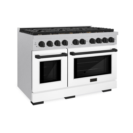 ZLINE Autograph Edition 48 in. Paramount Double Oven Dual Fuel Range with 8 Gas Burners, 6.7 cu. ft., Satin Stainless Steel with White Matte Doors and Matte Black Accents (SDRSZ-WM-48-MB)