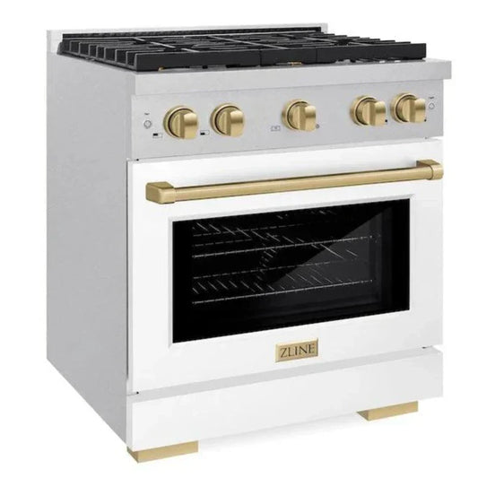 ZLINE Autograph Edition 30 in. 4.2 cu. ft. Paramount Gas Range with 4 Burners, Convection Gas Oven, Satin Stainless Steel with White Matte Door and Champagne Bronze Accents (SGRSZ-WM-30-CB)