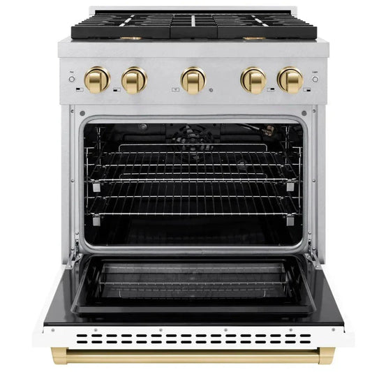 ZLINE Autograph Edition 30 in. Paramount Gas Range 4.2 cu. ft. with 4 Burner Gas Cooktop and Convection Gas Oven in Satin Stainless Steel with White Matte Door and Polished Gold Accents (SGRSZ-WM-30-G)