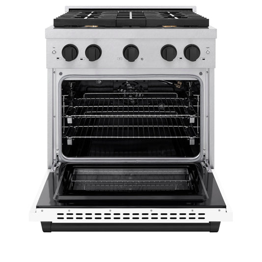 ZLINE Autograph Edition 30 in. 4.2 cu. ft. Paramount Gas Range with 4 Burners and Convection Gas Oven in Satin Stainless Steel with White Matte Door and Matte Black Accents (SGRSZ-WM-30-MB)