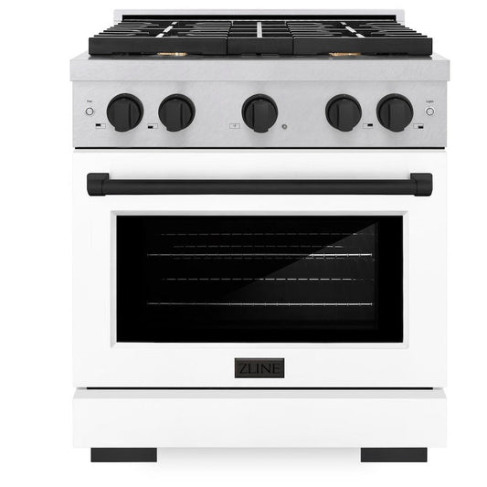 ZLINE Autograph Edition 30 in. 4.2 cu. ft. Paramount Gas Range with 4 Burners and Convection Gas Oven in Satin Stainless Steel with White Matte Door and Matte Black Accents (SGRSZ-WM-30-MB)
