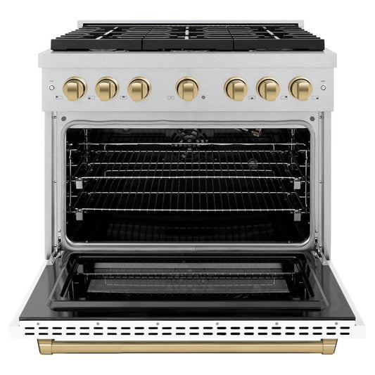 ZLINE Autograph Edition 36 in. 5.2 cu. ft. Paramount Gas Range with 6 Burners and Convection Oven in Satin Stainless Steel with White Matte Door and Champagne Bronze Accents (SGRSZ-WM-36-CB)