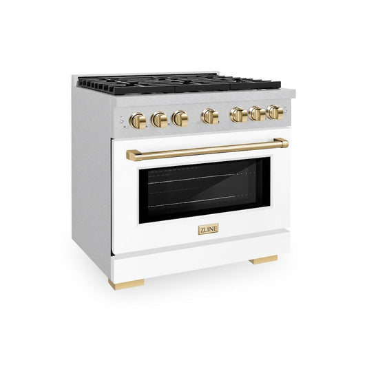 ZLINE Autograph Edition 36 in. 5.2 cu. ft. Paramount Gas Range with 6 Burners and Convection Gas Oven in Satin Stainless Steel with White Matte Door and Polished Gold Accents (SGRSZ-WM-36-G)