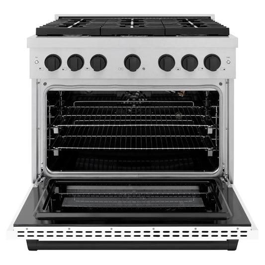 ZLINE Autograph Edition 36 in. 5.2 cu. ft. Paramount Gas Range with 6 Burners and Convection Gas Oven in Satin Stainless Steel with White Matte Door and Matte Black Accents (SGRSZ-WM-36-MB)