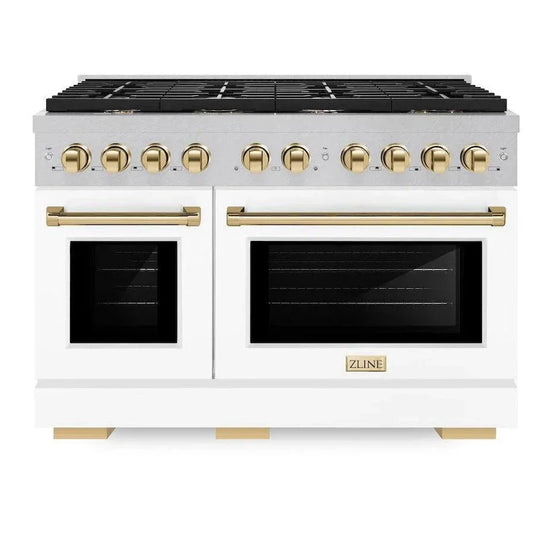ZLINE Autograph 48 in. 6.7 cu. ft. Paramount Double Oven Gas Range with 8 Burners in Satin Stainless Steel with White Matte Doors and Polished Gold Accents (SGRSZ-WM-48-G)