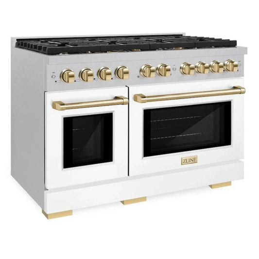 ZLINE Autograph 48 in. 6.7 cu. ft. Paramount Double Oven Gas Range with 8 Burners in Satin Stainless Steel with White Matte Doors and Polished Gold Accents (SGRSZ-WM-48-G)