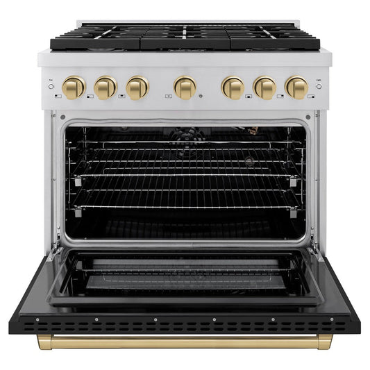 ZLINE Autograph Edition 36 in. Paramount Dual Fuel Range 5.2 cu. ft. with 6 Gas Burners, Electric Convection Oven, Stainless Steel with Black Matte Door and Champagne Bronze Accents (SDRZ-BLM-36-CB)