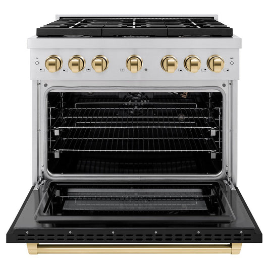 ZLINE Autograph Edition 36 in. Paramount Dual Fuel Range 5.2 cu. ft. with 6 Gas Burners, Electric Convection Oven, Stainless Steel with Black Matte Door & Polished Gold Accents (SDRZ-BLM-36-G)