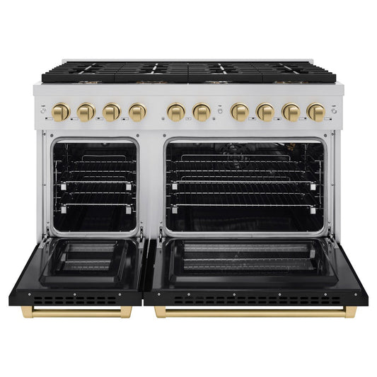 ZLINE Autograph Edition 48 in. Paramount Double Oven Dual Fuel Range with 8 Gas Burners, 6.7 cu. ft., Black Matte Doors & Champagne Bronze Accents (SDRZ-BLM-48-CB)