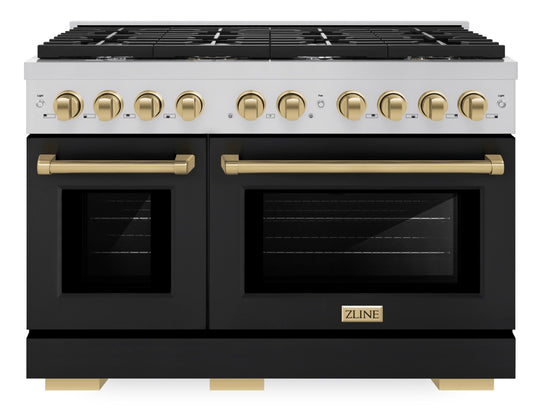 ZLINE Autograph Edition 48 in. Paramount Double Oven Dual Fuel Range with 8 Gas Burners, 6.7 cu. ft., Black Matte Doors & Champagne Bronze Accents (SDRZ-BLM-48-CB)