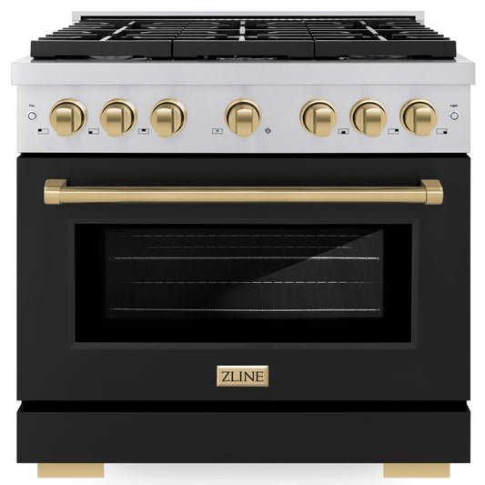 ZLINE Autograph Edition 36 in. 5.2 cu. ft. Paramount Gas Range with Convection Oven, Stainless Steel with Black Matte Door and Champagne Bronze Accents (SGRZ-BLM-36-CB)