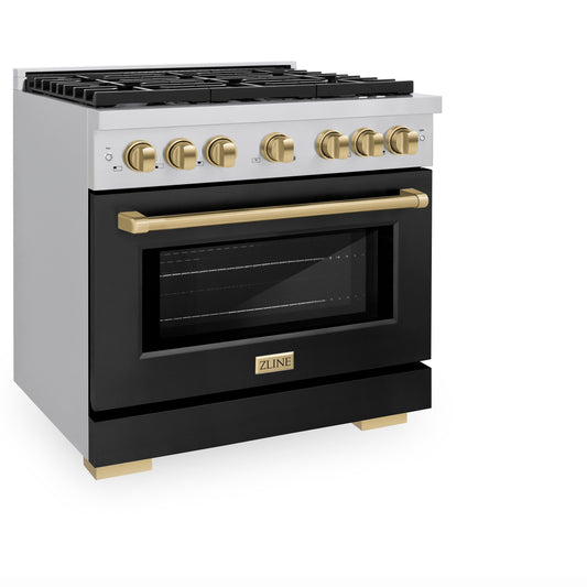 ZLINE Autograph Edition 36 in. 5.2 cu. ft. Paramount Gas Range with Convection Oven, Stainless Steel with Black Matte Door and Champagne Bronze Accents (SGRZ-BLM-36-CB)