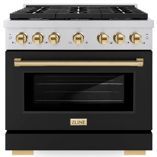 ZLINE Autograph Edition 36 in. Paramount Gas Range 5.2 cu. ft. with Convection Gas Oven, 6 Burners, Stainless Steel with Black Matte Door and Gold Accents (SGRZ-BLM-36-G)